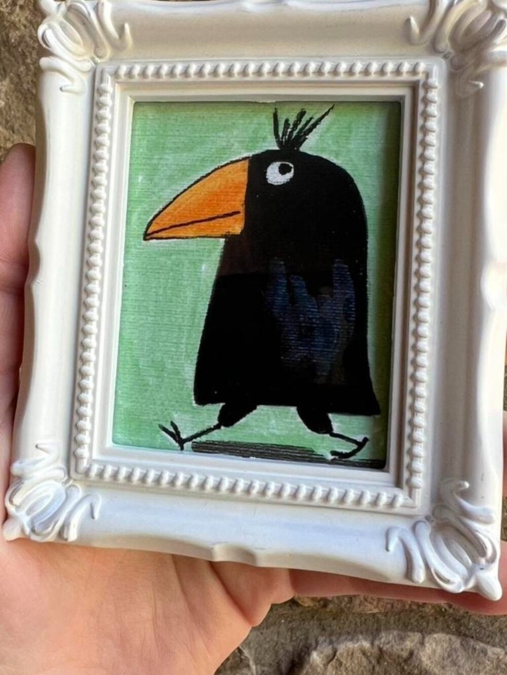 Whimsical Black Crow Mini Framed Fine Art Giclee Print | 3.5x4 Glass Frame